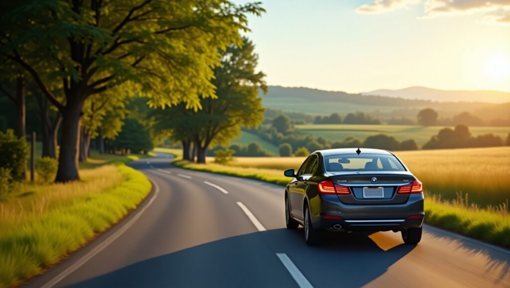 A serene countryside road flanked by lush green trees, bathed in warm afternoon sunlight. In the foreground, a well-maintained family sedan navigates the winding path, its driver's hands firmly gripping the steering wheel, eyes focused intently on the road ahead. The car's occupants wear seatbelts, and the vehicle's turn signals blink as it approaches a gentle curve. In the background, a picturesque landscape unfolds, with rolling hills and a clear blue sky, conveying a sense of peace and tranquility. The overall scene evokes a mood of responsible, attentive driving, reflecting the importance of safe practices to maintain a clean driving record.
